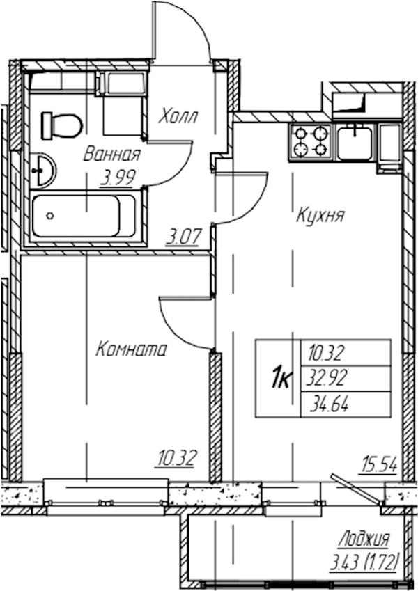 1-комнатная квартира 34.64 м², 4/22 эт., ЖК «Парк-квартал Юнтолово»